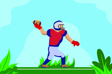 American football vector concept: Male american football player throwing the ball at the field