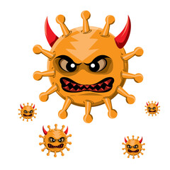 vector illustration of the corona virus with a demonic face that threatens human life like a wild creature

