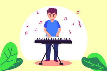 Kids musical vector concept: Young man playing keyboard while standing on the stage 