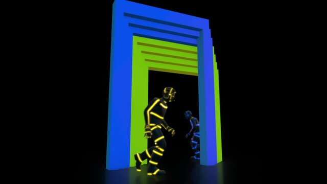 Male dance group performs in futuristic metallic neon costumes, 3D rendering animation, The camera moves around. 