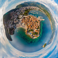 Little planet panorama Budva Old Town, Montenegro. Drone aerial photo