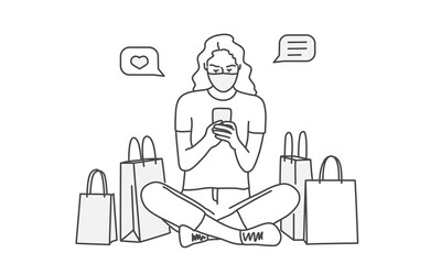 Young woman sitting in lotus position with paper bags. Lady in protection mask is using phone. Vector line.