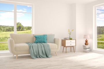 White living room with sofa and summer landscape in window. Scandinavian interior design. 3D illustration