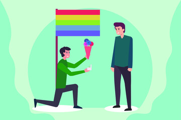LGBT vector concept: Young man proposes his boyfriend with ring and bouquet of flowers