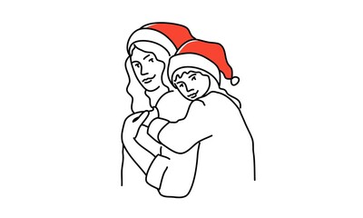 Portrait of mother and daughter in New Year's hats. Vector line.