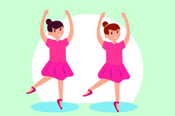 Ballerina vector concept: Two young girls dancing ballet together while wearing ballerina costume 
