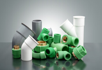  Plastic T-tube fittings on Black background, PVC Pipe connections, PVC Pipe fitting, PVC Coupling
