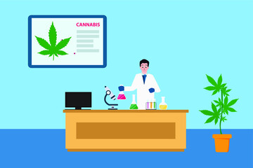 Cannabis experiment vector concept: Male scientist doing experiment with cannabis while holding chemical tube