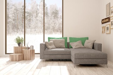 Fototapeta premium White living room with sofa. Scandinavian interior design. 3D illustration