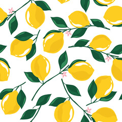 Lemons background. Hand drawn overlapping backdrop. Colorful wallpaper vector. Seamless pattern with fruits, flowers. Decorative illustration, good for printing - 379663426