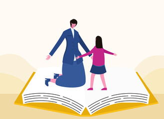 Teacher's day vector concept: Little girl and female teacher hugging on the book while celebrating teacher's day