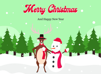 Christmas and new year vector concept: Reindeer and snowman standing together in snowy park with text of merry christmas and happy new year 