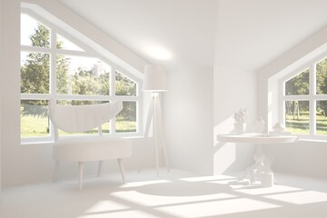 Fototapeta na wymiar White living room with armchair and green landscape in window. Scandinavian interior design. 3D illustration