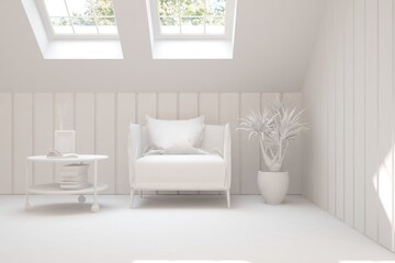 Mock up of stylish room in white color with armchair. Scandinavian interior design. 3D illustration