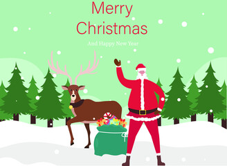 Christmas vector concept: Santa claus standing with reindeer and sack of presents with text of merry christmas and happy new year