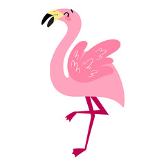 Cartoon pink flamingo isolated on white background. Tropical bird Summer vector illustration with a funny character for children's books, print, fabric, poster, postcard.