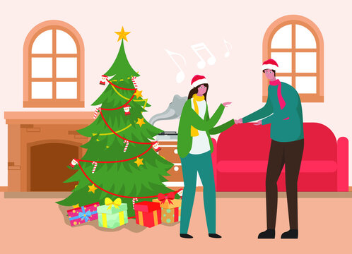 Christmas vector concept: Young couple singing and dancing together while celebrating christmas day