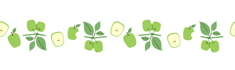 Seamless border with green apples. Endless ornament. Design template. Set of vector fruit isolated on white background. Line pattern. Positive illustration in flat cartoon style. Print, wallpaper