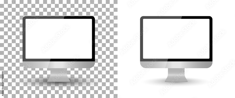 Poster computer monitor mockup with screen blank. pc isolated desktop. laptop with frame. modern icon on tr