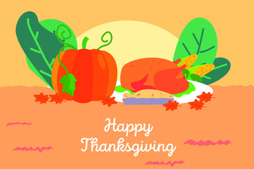 Thanksgiving vector concept: Happy Thanksgiving with pumpkin, turkey, pie, and corn