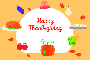 Thanksgiving vector concept: Happy Thanksgiving text with pumpkin, turkey, pie, and fruits
