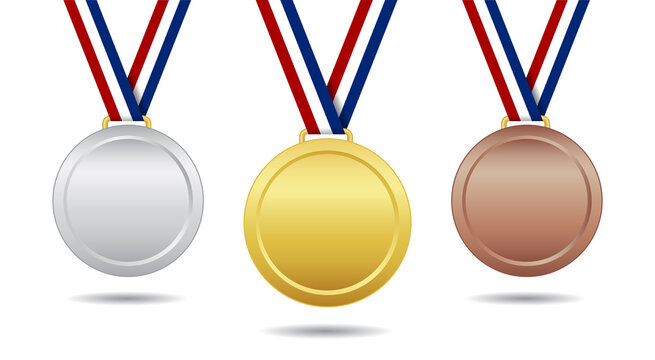 Gold, bronze and silver medal. Award with ribbon. Trophy for winner and champion. Emblem for championship. Icon on competition and ranking. 1, 2, 3 places in sport. Reward isolated. Vector