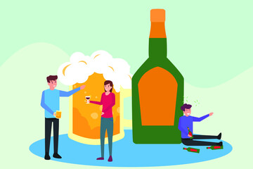 Alcoholics vector concept: Group of young people enjoying beer with drunk person and beer glass