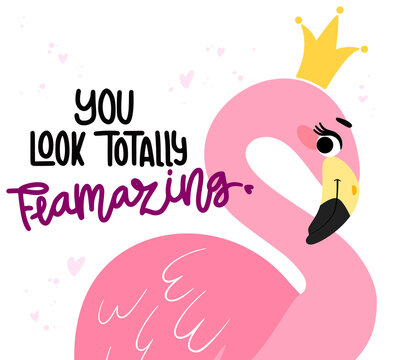 Tropical concept with pink flamingos. Summer design for postcards, posters, fabrics, prints. Modern front page with hand drawn lettering You look totally flamazing.