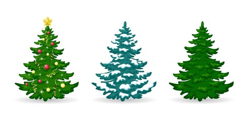 Christmas tree. Set of Christmas trees with decorations and snow. Green pine or fir with balls, garlands and ribbons. Design element Merry Christmas, New Year and Winter Holidays. Isolated. Vector 