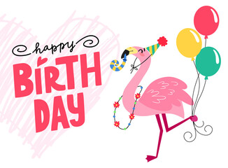 Pink funny flamingo isolated on white background. Happy birthday lettering card. Cartoon tropical bird in hand drawn style for children, print, poster, stickers, fabric, postcards.