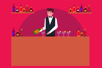 Bar vector concept: Male bartender preparing alcohol drink on the table