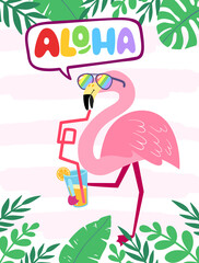 Tropical concept with pink flamingos. Summer design for postcards, posters, fabrics, prints. Modern front page with hand drawn lettering Aloha.
