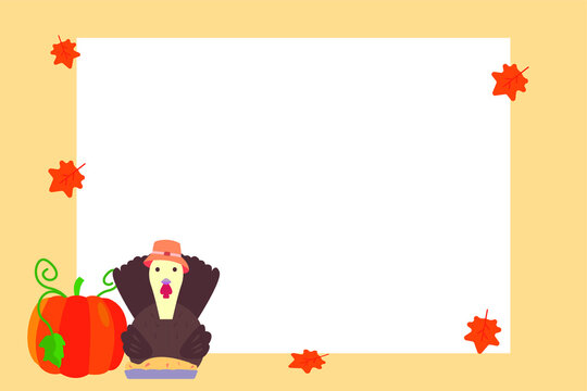 Thanksgiving vector concept: Copy space with autumn leaves, pumpkin, and turkey