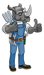 A rhino gardener cartoon gardening animal mascot holding a garden fork tool and giving a thumbs up