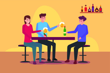 Fototapeta na wymiar Night lifestyle vector concept: Group of friends drinking beer while sitting on the chair in the pub