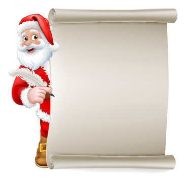 Santa Claus Cartoon Character Peeking Around A Scroll Sign Holding A Quill Pen. Christmas Gift, Naughty And Nice List Or Letter To Santa Concept.