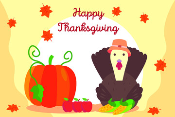 Naklejka premium Thanksgiving vector concept: Happy thanksgiving typography text with pumpkin, turkey, corn, and apple fruit
