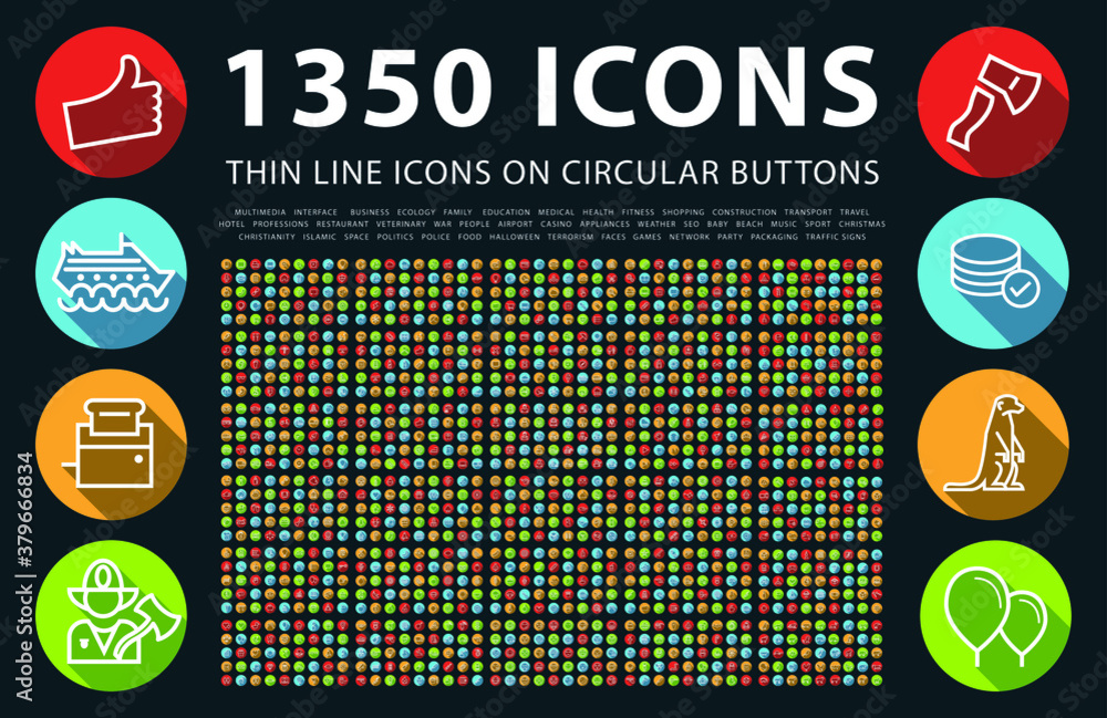 Poster set of high quality universal icons with shadows on colorful buttons on black background . isolated 