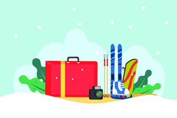 Winter travel concept: Travel suitcase with camera, snowboard, ski, and ice skating shoes for winter holiday