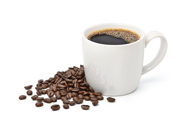 White mug of black coffee with roasted coffee beans  isolated on white background.