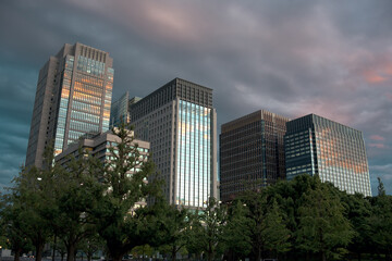 Fototapeta na wymiar Sunset at Tokyo business district - Marunouchi viewed from the Imperial Palace Park
