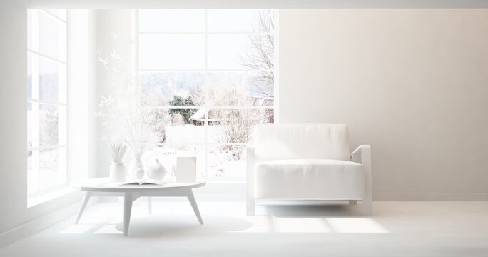 Mock up of stylish room in white color with armchair. Scandinavian interior design. 3D illustration