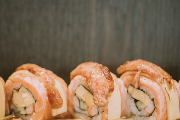 Tasty and fresh maki sushi rolls. Delicious Japanese food.