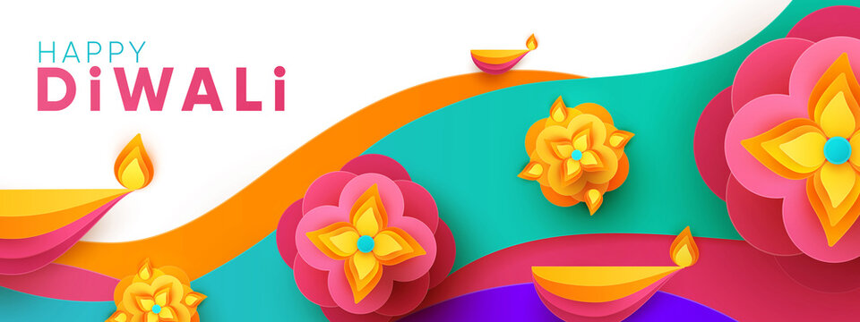 Diwali Hindu festival greeting design in paper cut style with oil lamps on colorful waves and beautiful flowers of lights. Holiday background for branding greeting card, banner, cover, flyer or poster
