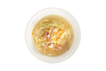 Vegetable soup with meat in white bowl isolated on white background