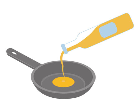 Oil Pouring Into Frying Pan From Bottle. Vector Flat Illustration||