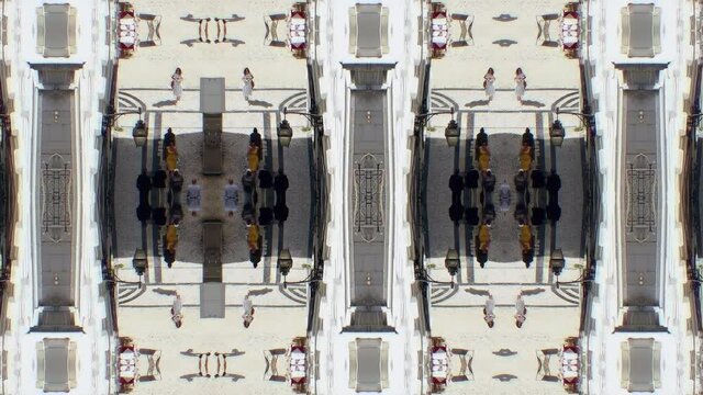 Crowded Street Mirrored Effect City Motion Background. Abstract scene of many people walking in a pedestrian crosswalk forming a human kaleidoscope background.