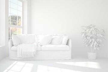 White minimalist living room with sofa. Scandinavian interior design. 3D illustration
