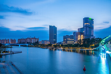 Night view of Jiaomen building skyline in Nansha District, Guangzhou, China
