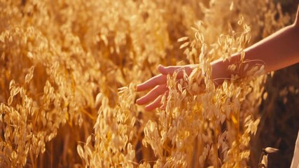 slow motion of child touching golden wheat in field